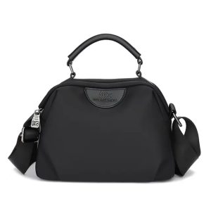 New Portable Nylon Cloth with Cowhide Shoulder Bag - Black